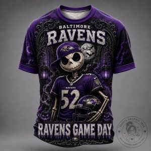 Baltimore Ravens Game Day Spooky Skeleton Football Fan T-Shirt