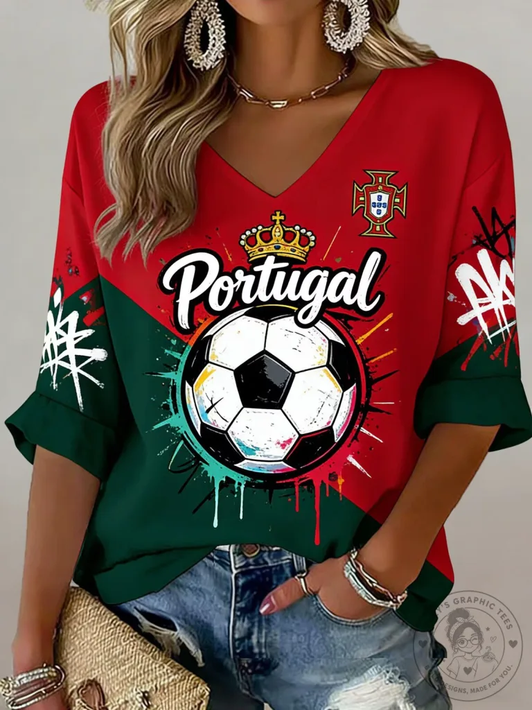 Portugal Football Match Women's V-Neck Casual T-Shirt 13 Portugal Football Match Women's V-Neck Casual T-Shirt