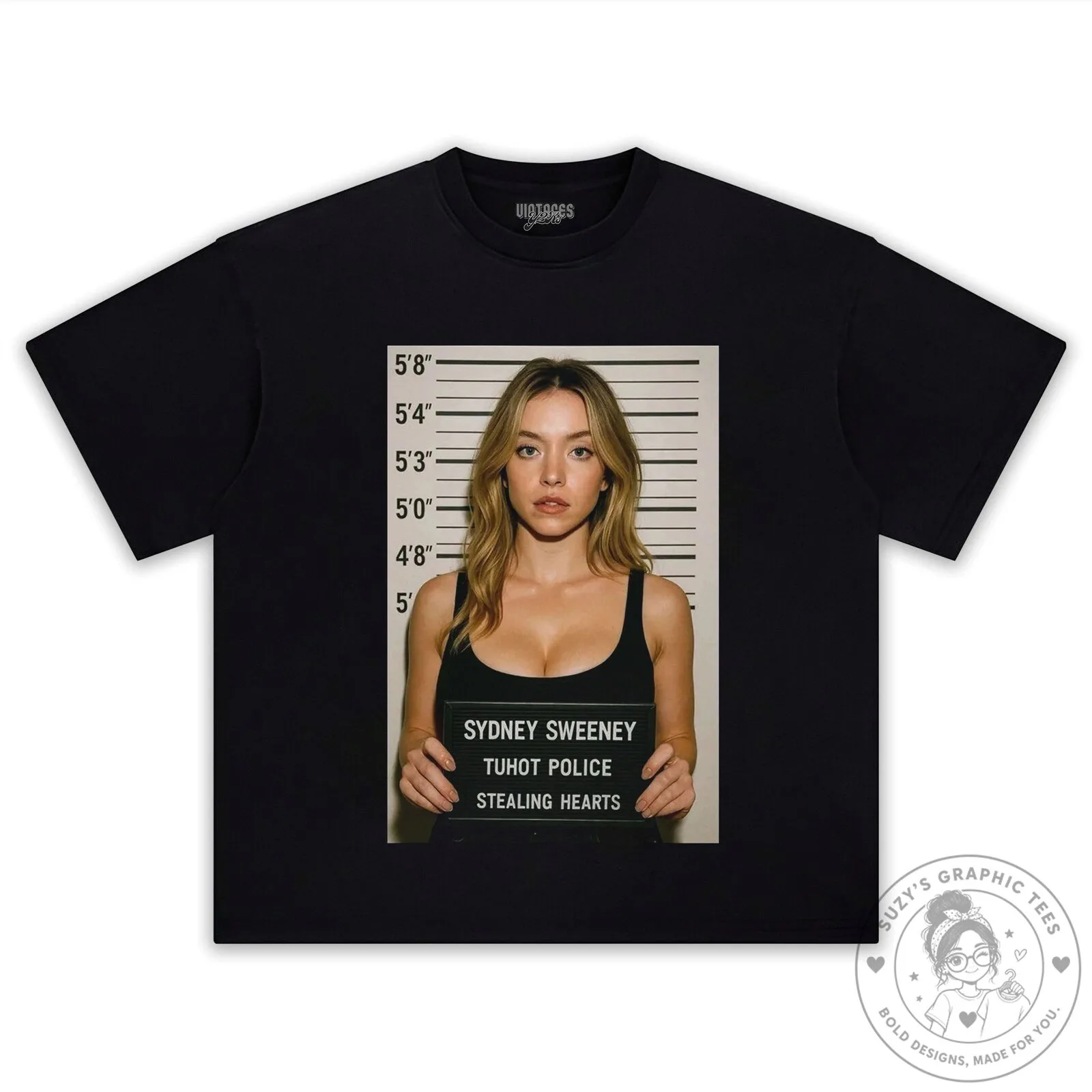 Black T-Shirt Featuring Sydney Sweeney Mugshot: Stealing Hearts Design