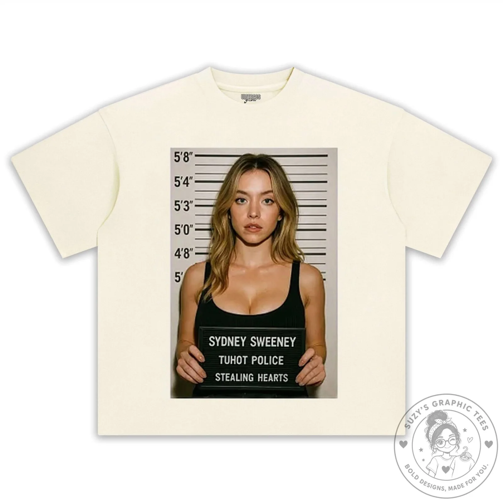 Black T-Shirt Featuring Sydney Sweeney Mugshot: Stealing Hearts Design 15 Black T-Shirt Featuring Sydney Sweeney Mugshot: Stealing Hearts Design
