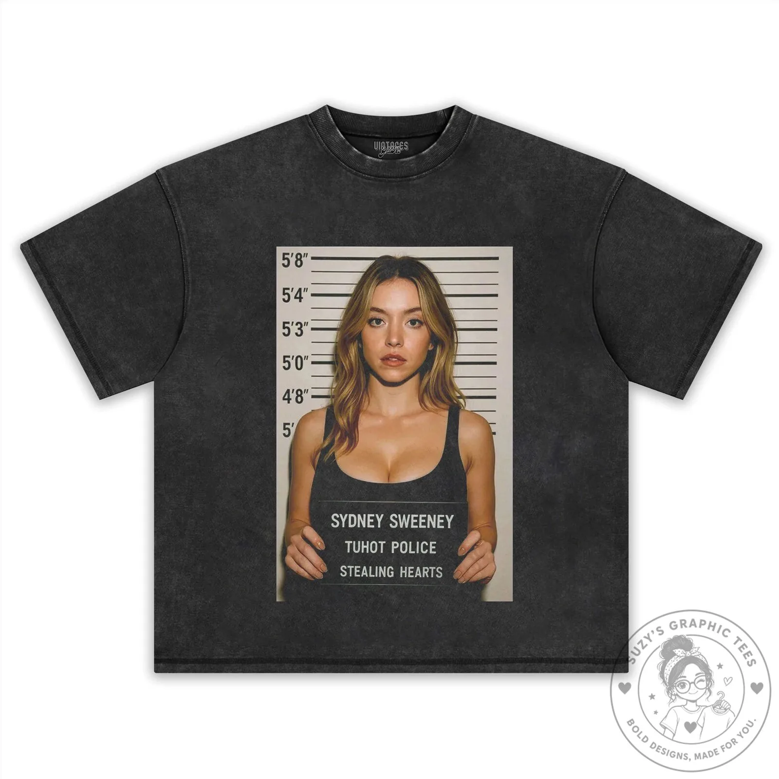 Black T-Shirt Featuring Sydney Sweeney Mugshot: Stealing Hearts Design 17 Black T-Shirt Featuring Sydney Sweeney Mugshot: Stealing Hearts Design