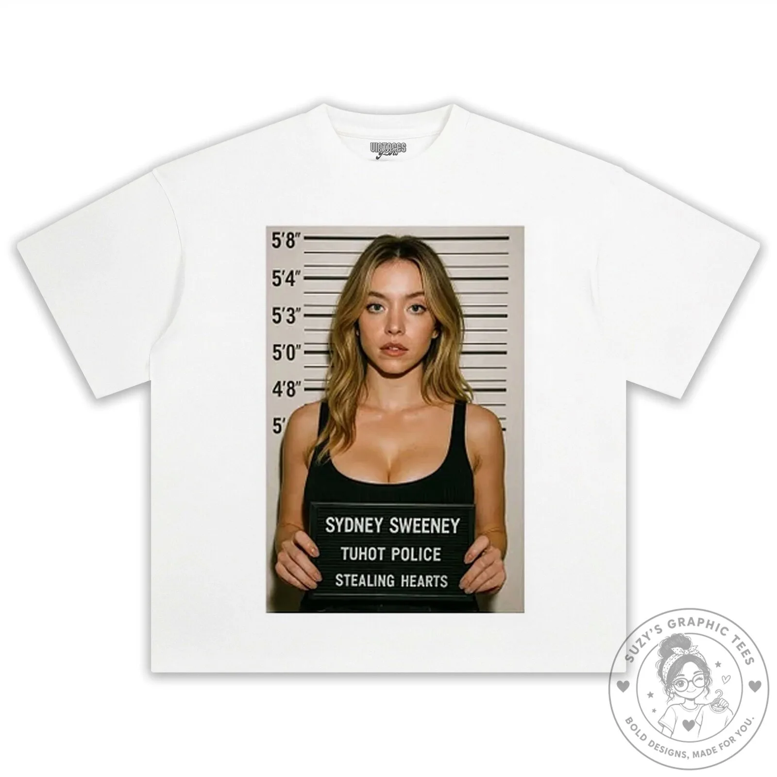 Black T-Shirt Featuring Sydney Sweeney Mugshot: Stealing Hearts Design 18 Black T-Shirt Featuring Sydney Sweeney Mugshot: Stealing Hearts Design