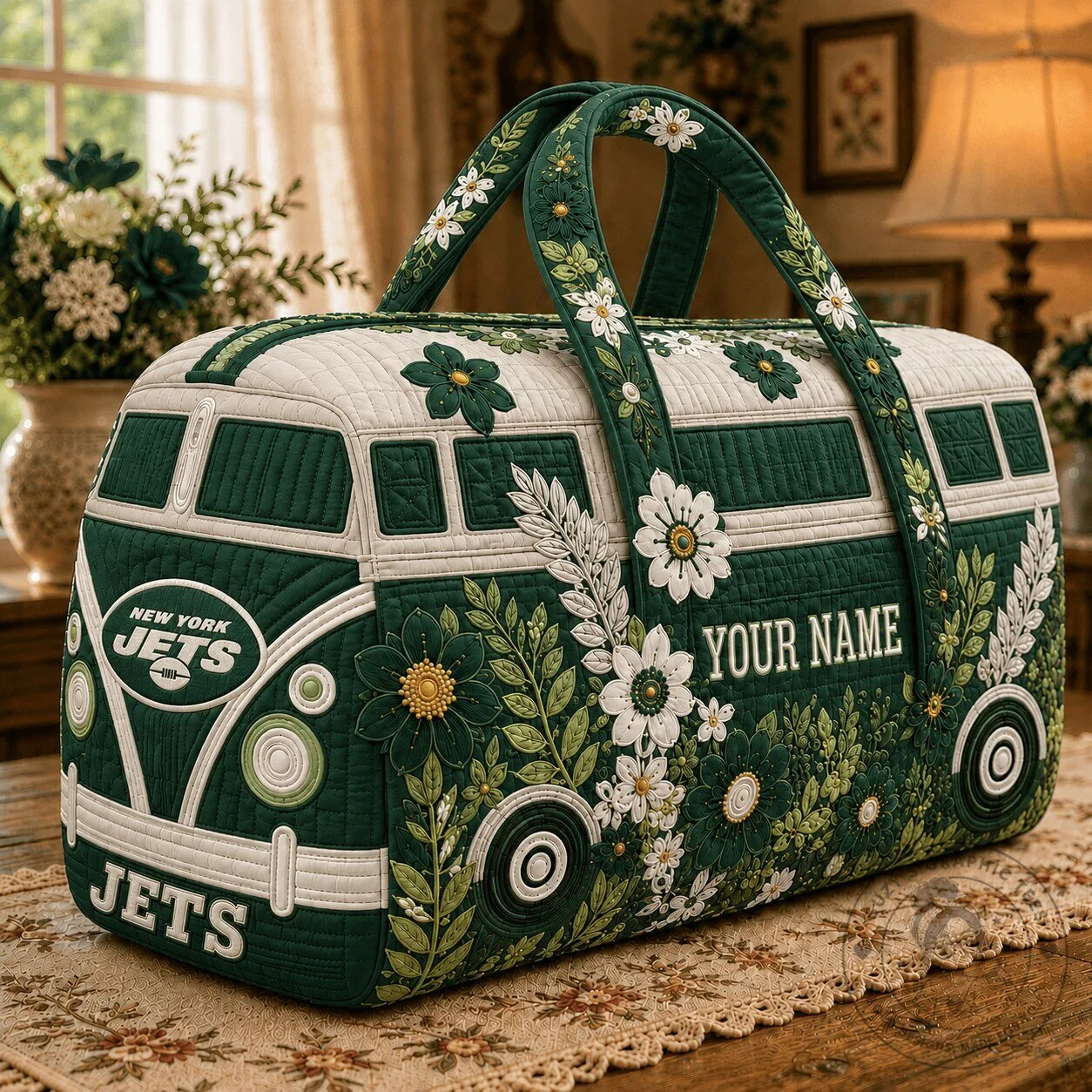 New York Jets Volkswagen Bus Quilted Duffle Bag Custom Name 3 New York Jets Volkswagen Bus Quilted Duffle Bag Custom Name