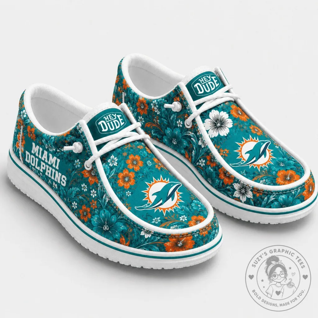 Aqua and Orange Loafer Shoes with Miami Dolphins Floral Design Aqua and Orange Loafer Shoes with Miami Dolphins Floral Design
