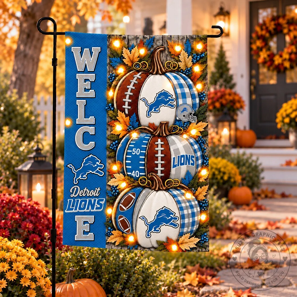 Detroit Lions Halloween Pumpkins Welcome Football Garden Flag