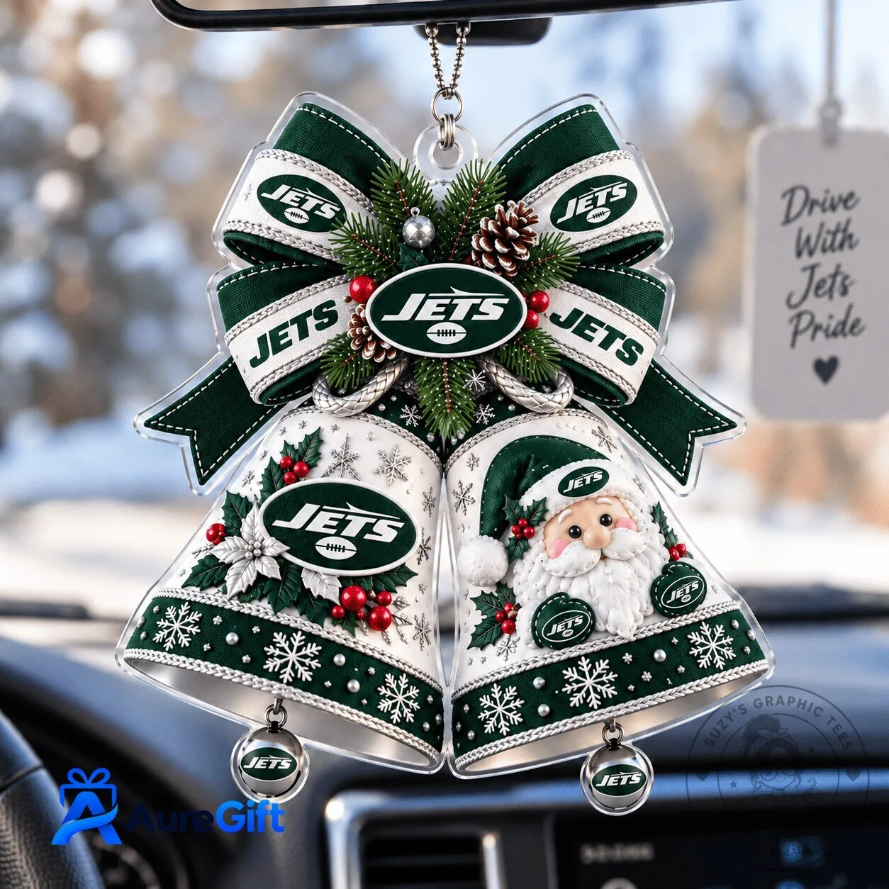 New York Jets NFL Christmas Bells Santa Claus Car Ornament