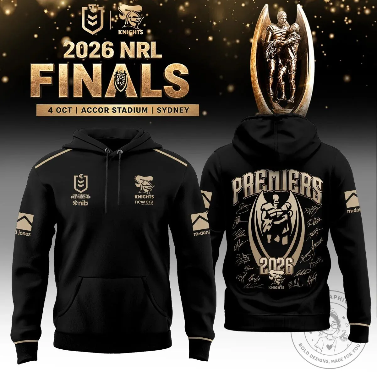 Newcastle Knights 2026 NRL Premiers Black and Gold Pullover Hoodie
