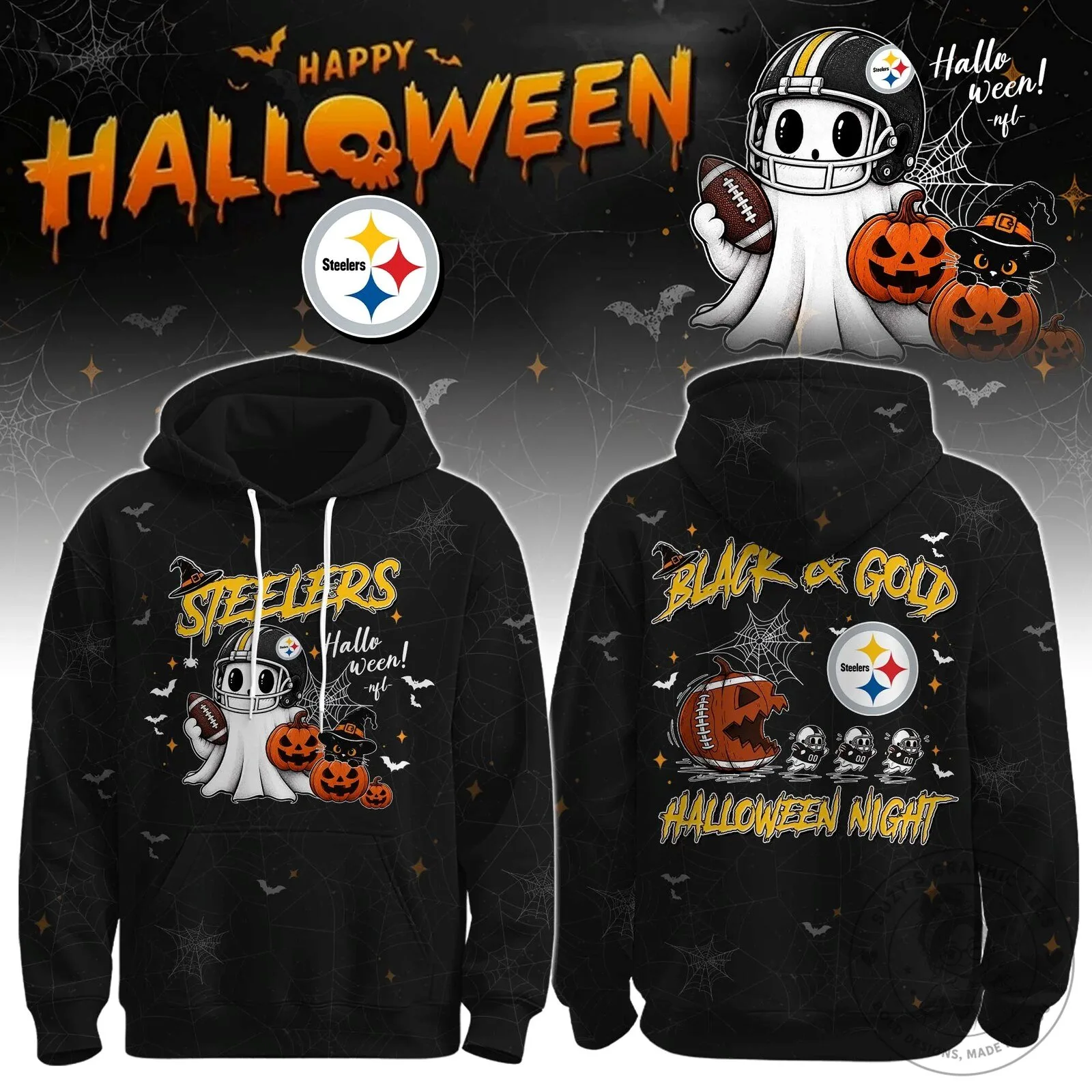 Pittsburgh Steelers Happy Halloween Night Black and Gold Hoodie