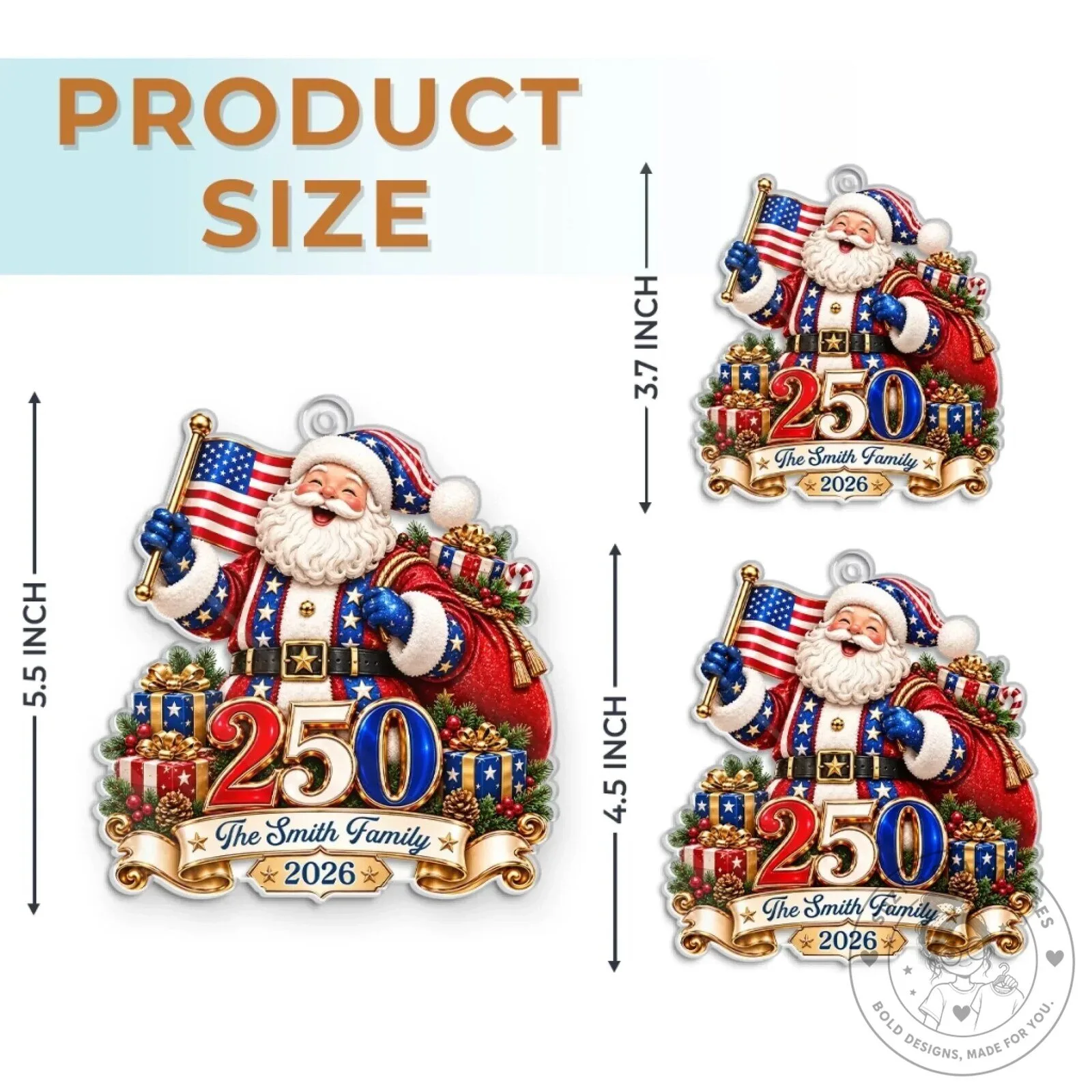 America 250th Anniversary Santa Claus Christmas Tree Ornament 12 America 250th Anniversary Santa Claus Christmas Tree Ornament