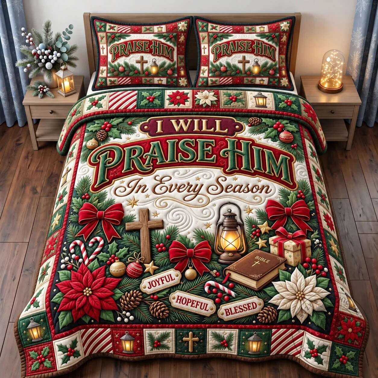 Christmas Christian I Will Praise Him In Every Season Quilted Bedding Set