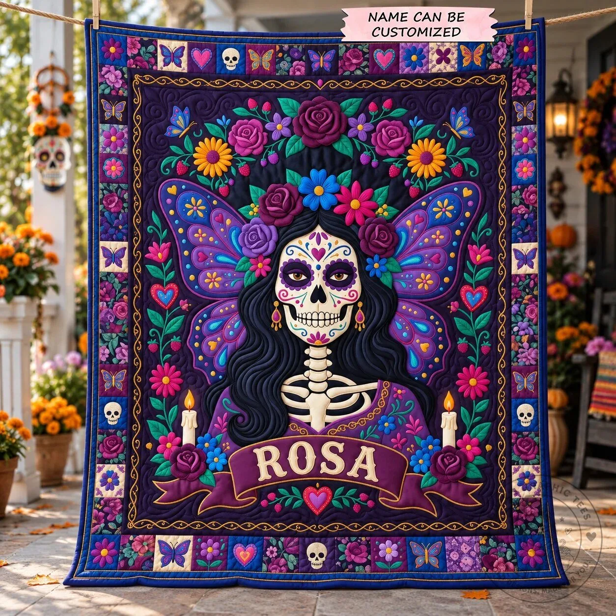 Personalized Day of the Dead Sugar Skull Butterfly Quilted Blanket