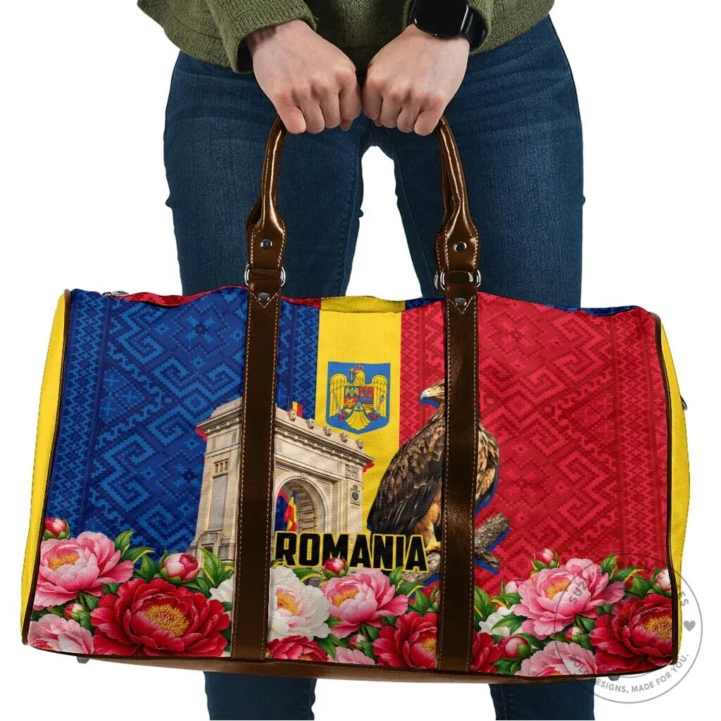 Romania Flag Eagle Arcul de Triumf Floral Peony Travel Bag