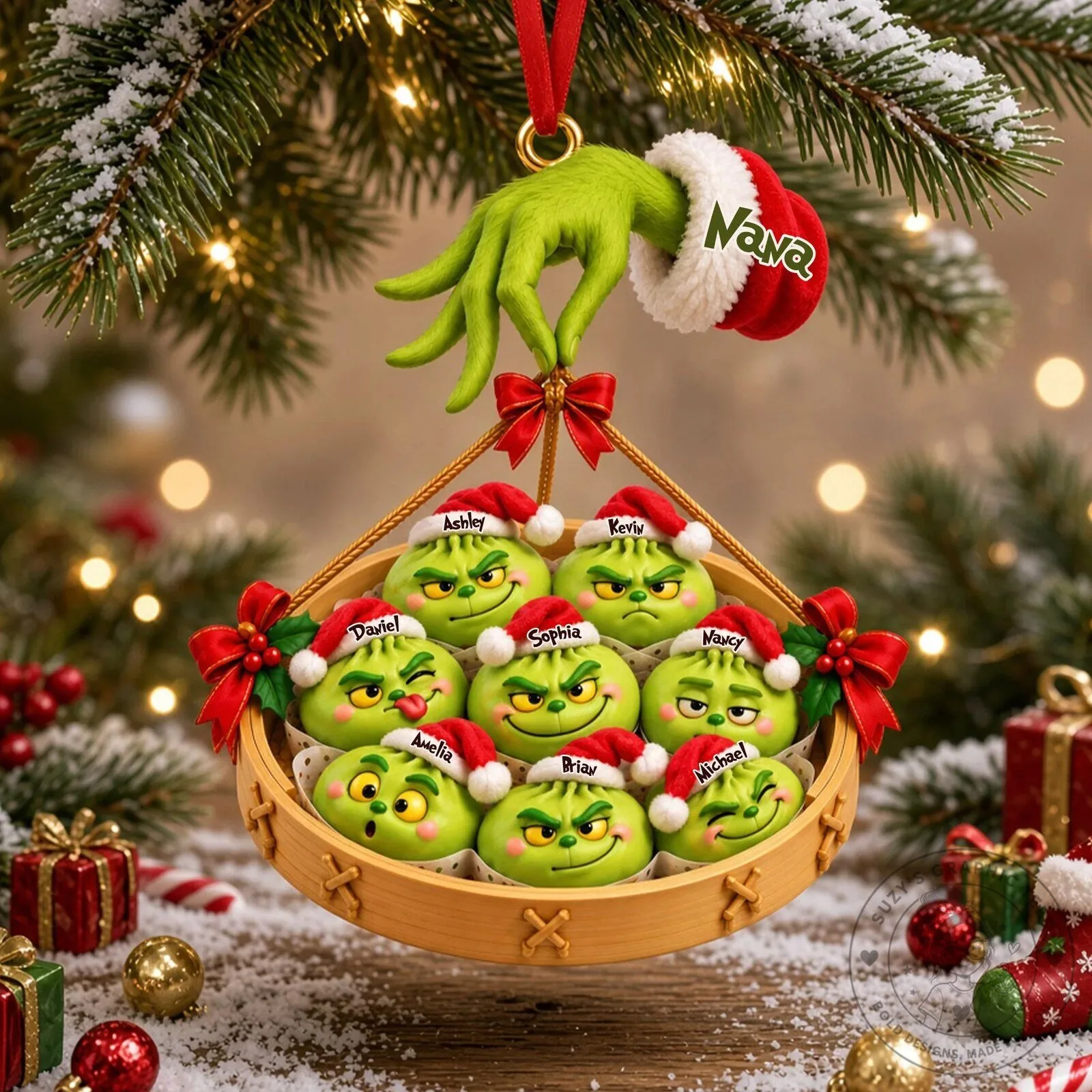 Grinch Hand Holding Dumpling Family Personalized Christmas Tree Ornament