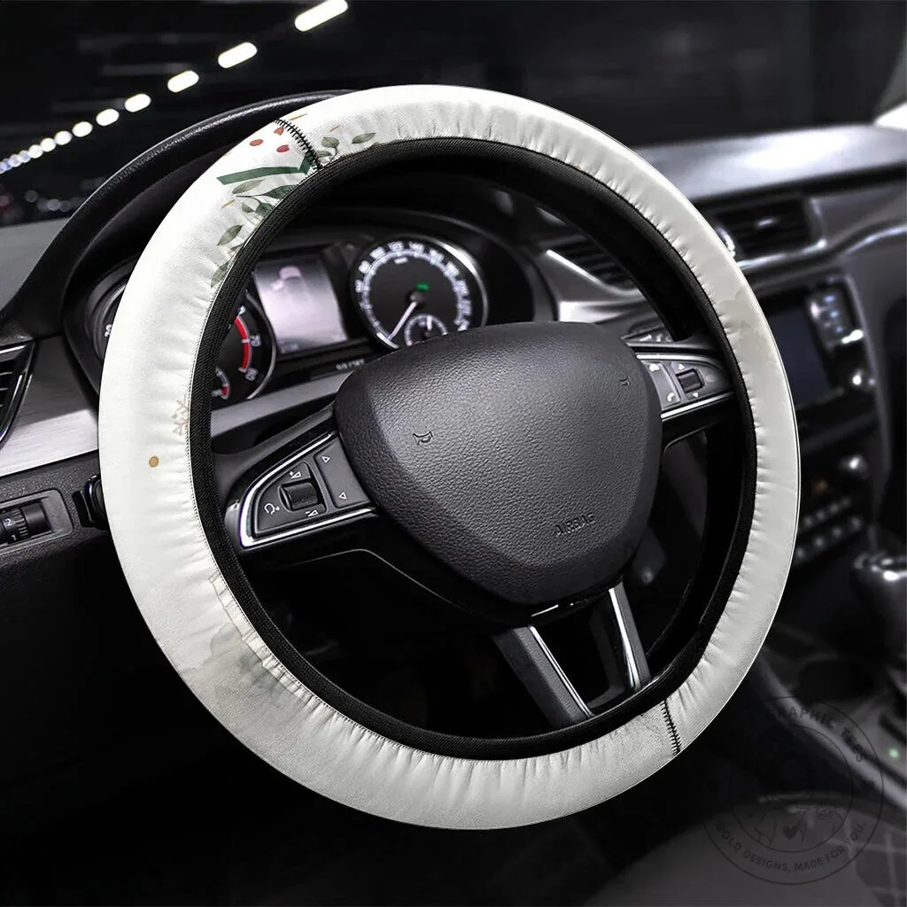 Christmas Winter Floral Car Steering Wheel Cover with Holly Berries and Leaves