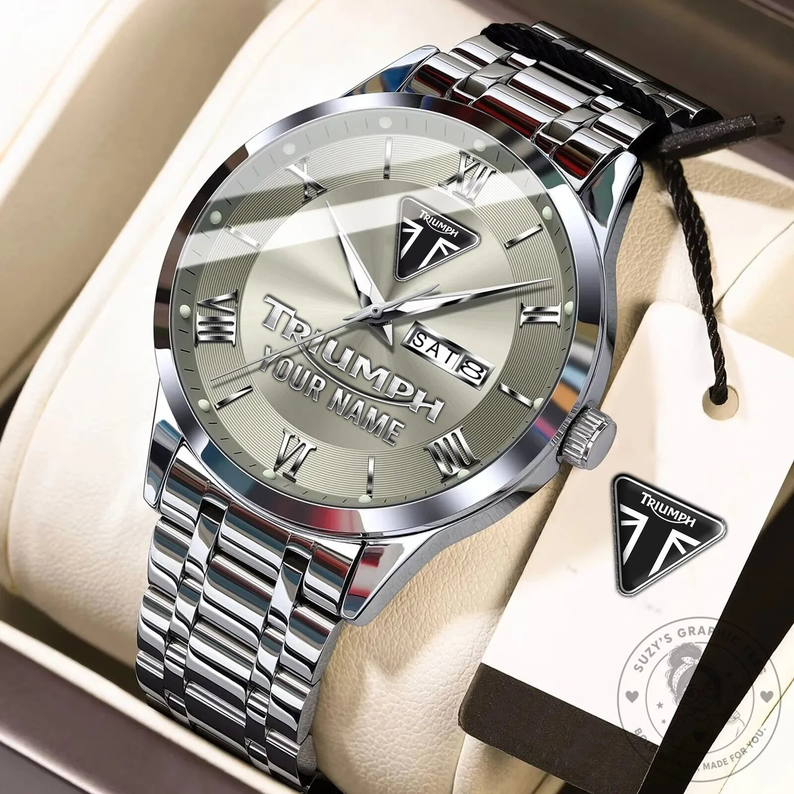 Triumph Motorcycles Custom Name Silver Stainless Steel Watch