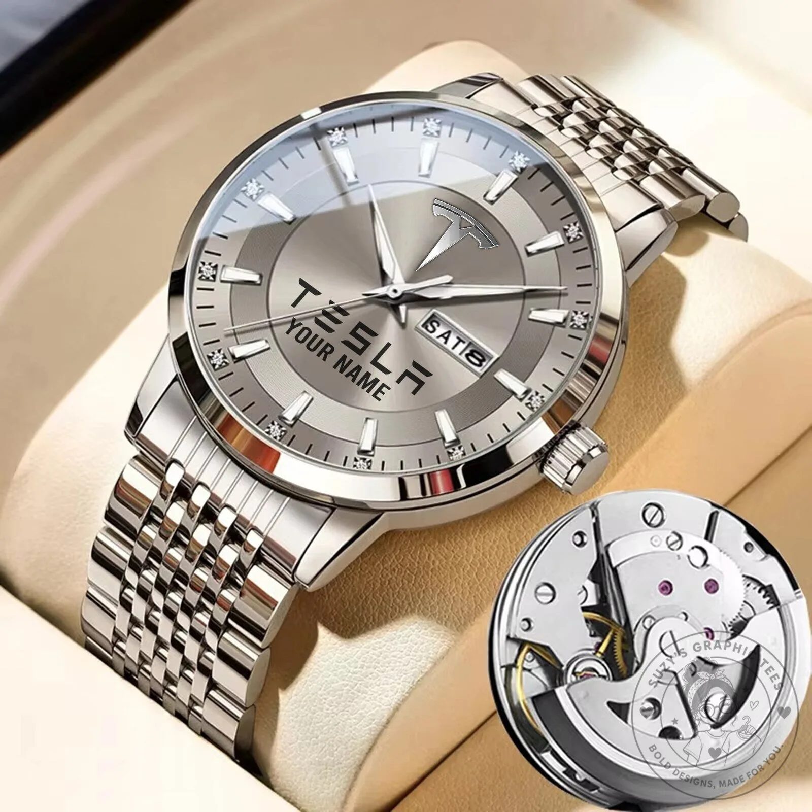 Personalized Tesla Logo Silver Stainless Steel Men's Watch