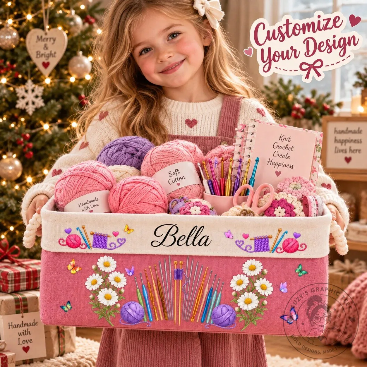 Personalized Knitting And Crochet Storage Basket With Rope Handles