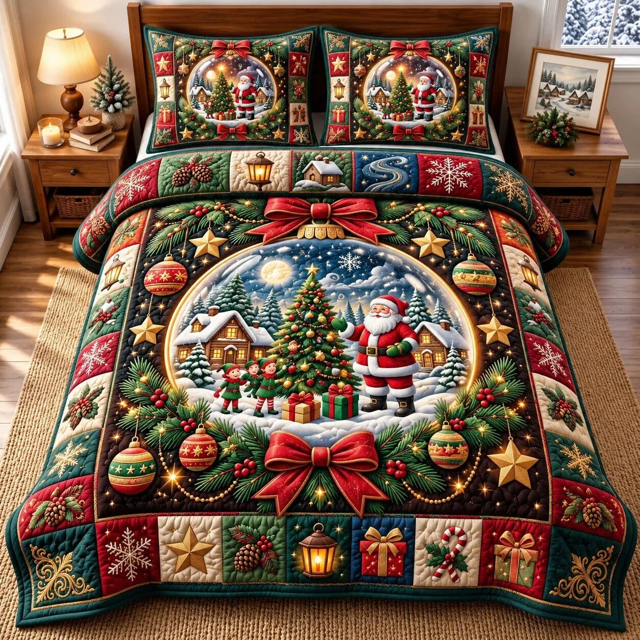 Festive Santa Claus Christmas Holiday Quilted Bedding Set