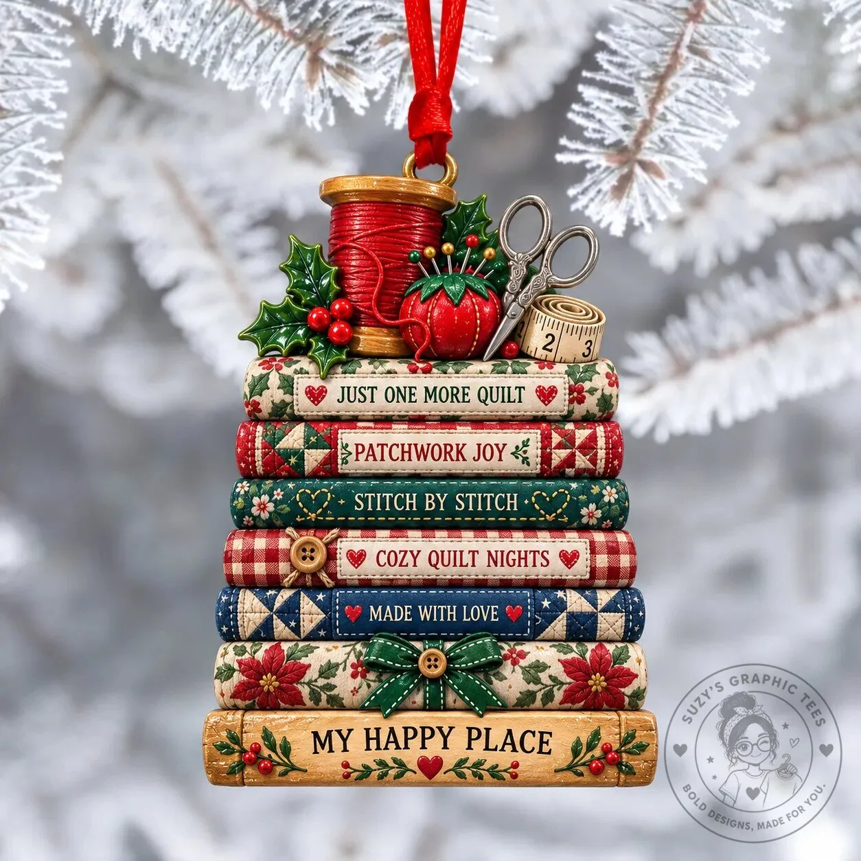 Quilting Book Stack Christmas Ornament - Just One More Quilt Sewing Decoration