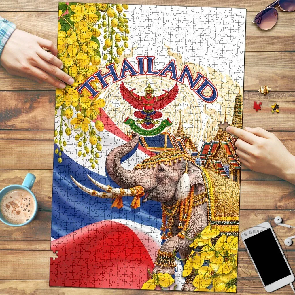 Thailand Golden Elephant and Temple Ratchaphruek Art Jigsaw Puzzle