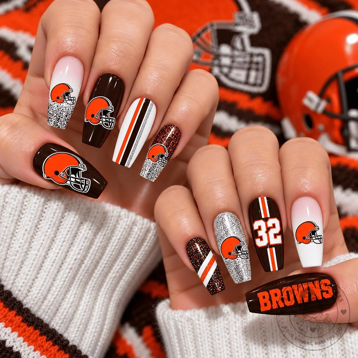 Cleveland Browns NFL Game Day Glitter Football Helmet Press On Nails Set