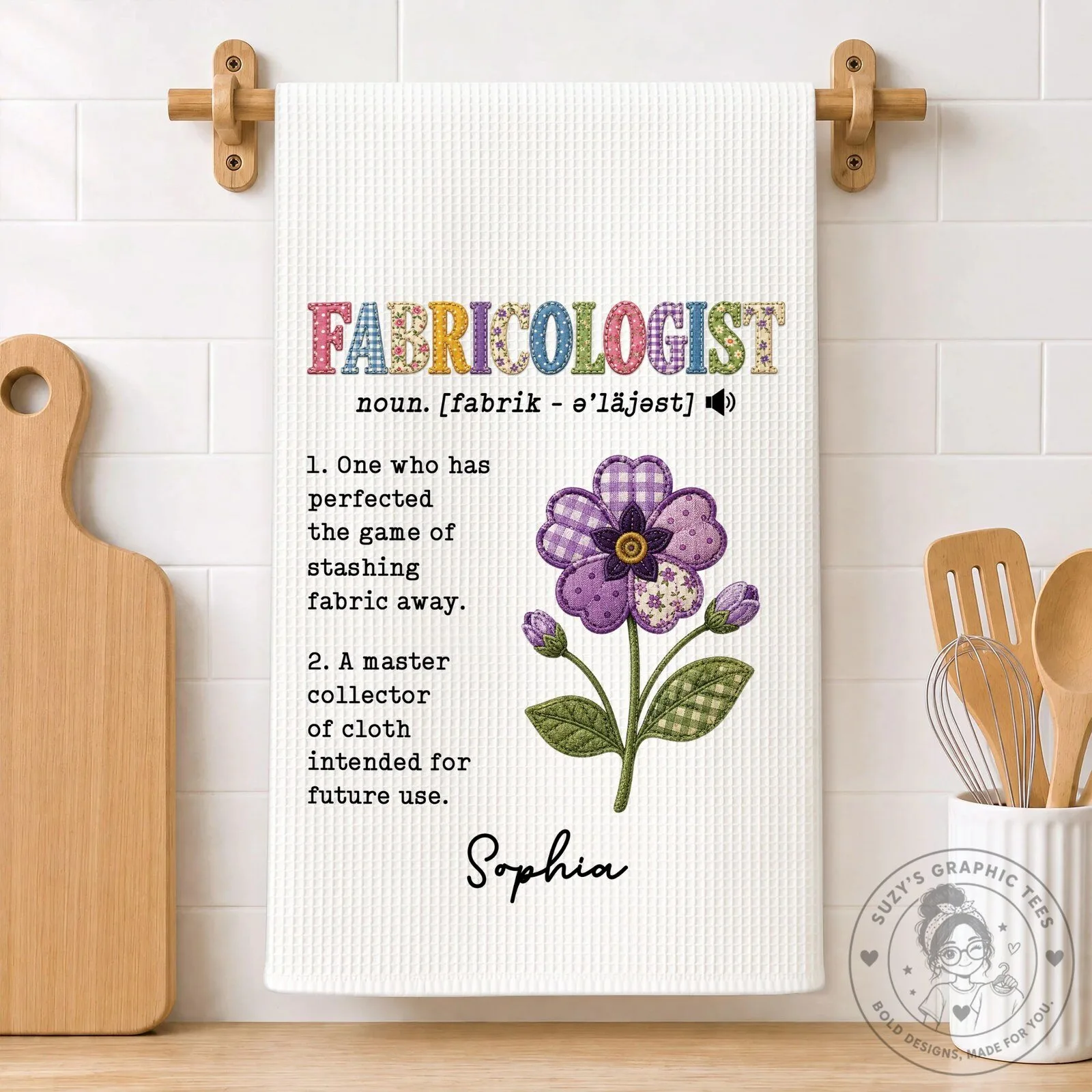 Personalized Fabricologist Definition Kitchen Towel with Floral Design
