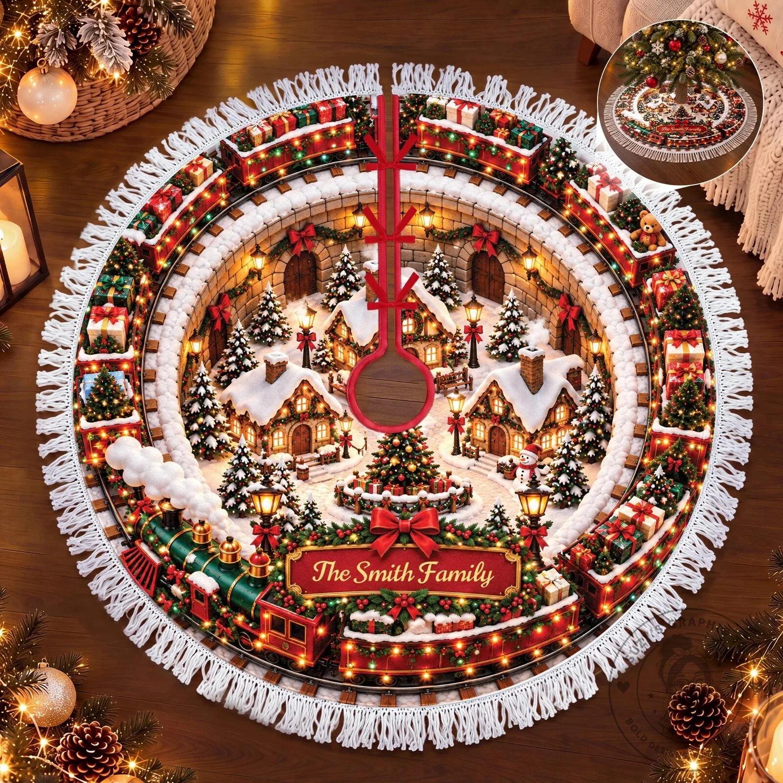 Personalized Christmas Train Village Scene Holiday Tree Skirt