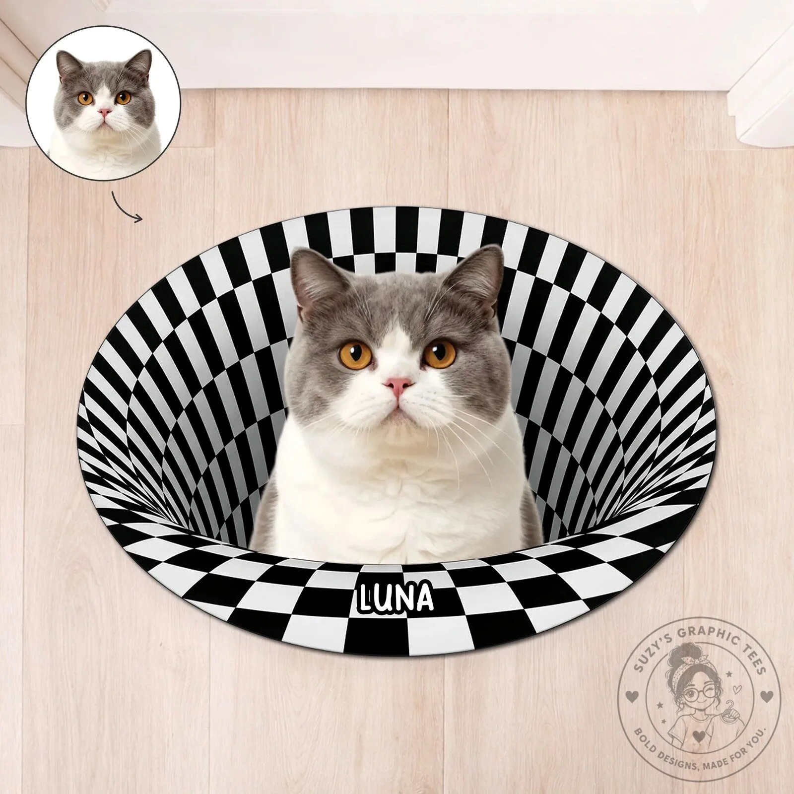 Personalized Cat Photo Checkered Optical Illusion Doormat