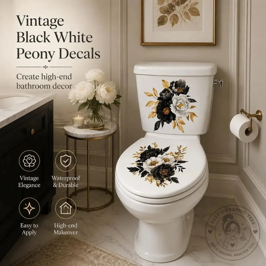 Vintage Black and White Peony Flower Toilet Decals Bathroom Decor Sticker Set