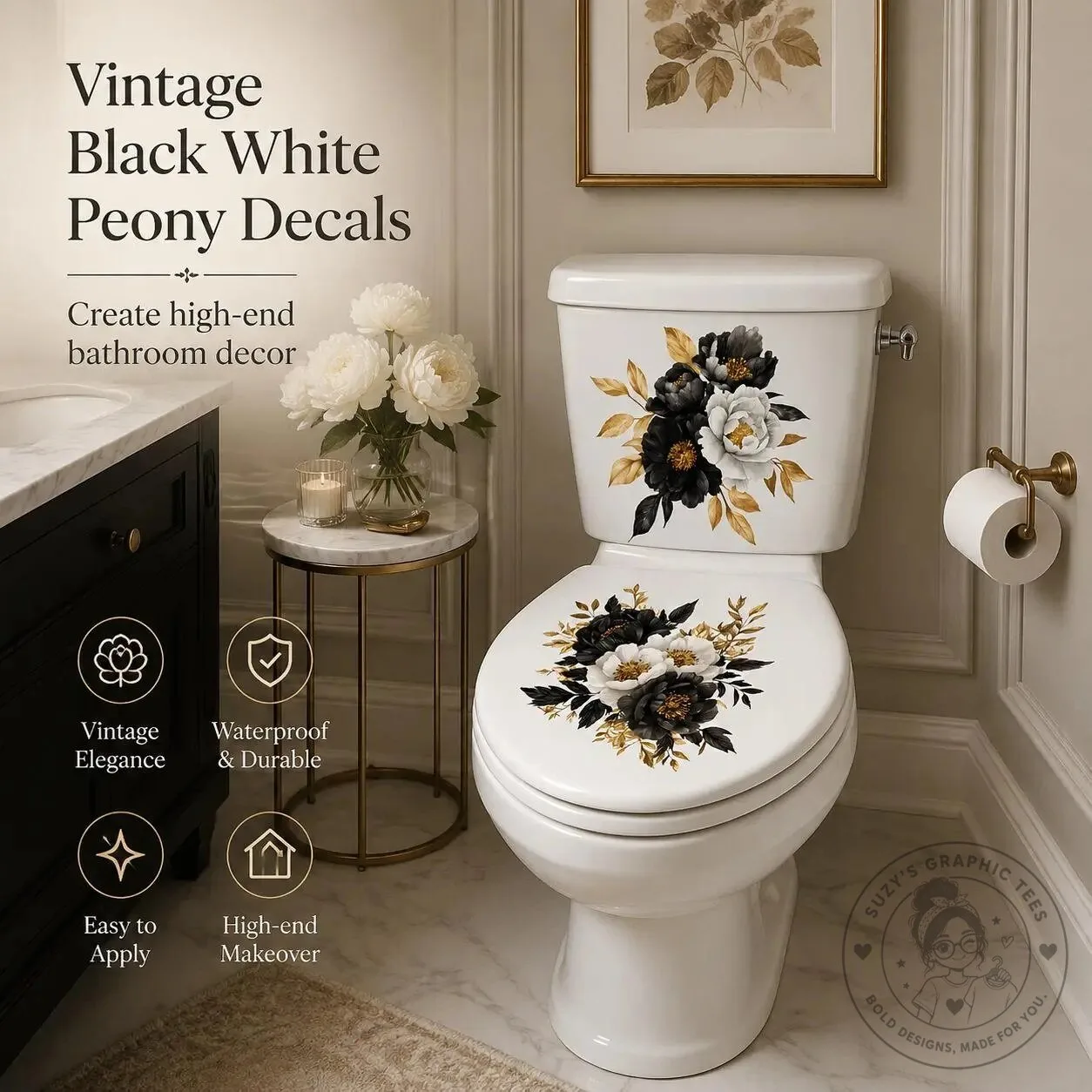 Vintage Black and White Peony Flower Toilet Decals Bathroom Decor Sticker Set