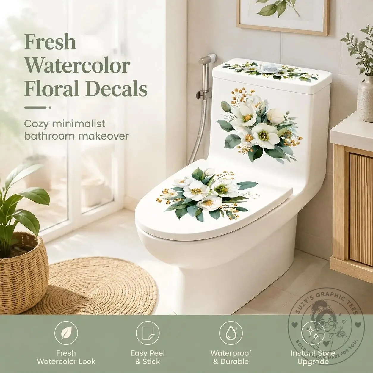 Vintage Black and White Peony Flower Toilet Decals Bathroom Decor Sticker Set – image 3 of 18