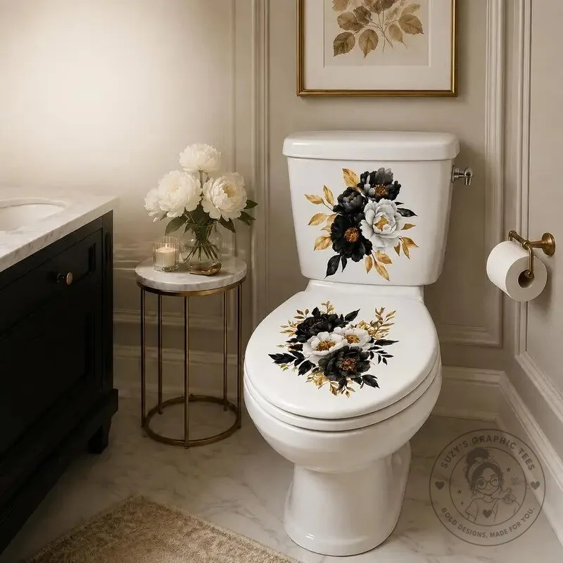 Vintage Black and White Peony Flower Toilet Decals Bathroom Decor Sticker Set – image 15 of 18