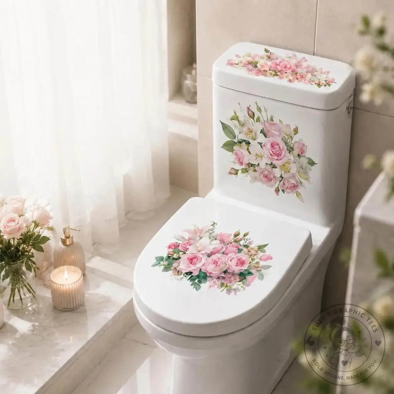 Vintage Black and White Peony Flower Toilet Decals Bathroom Decor Sticker Set – image 17 of 18
