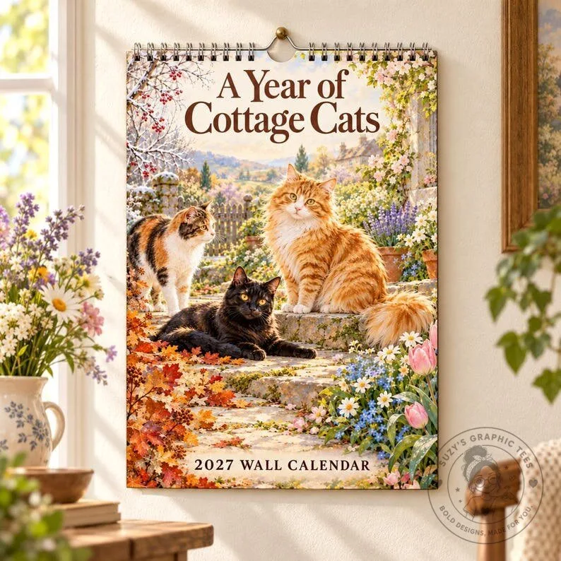 Cottage Cats 2027 Wall Calendar, Feline Art Monthly Planner, Cat Lover Gift