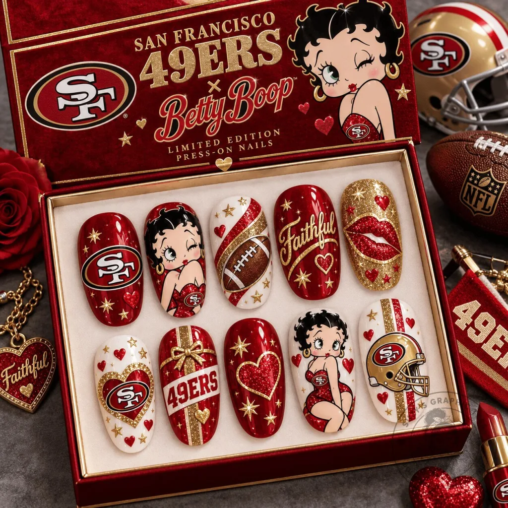 San Francisco 49ers Betty Boop Glamorous Football Press-On Nails San Francisco 49ers Betty Boop Glamorous Football Press-On Nails