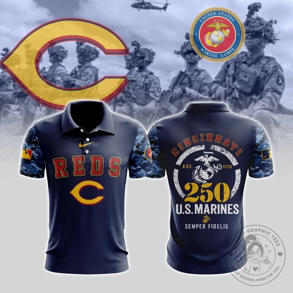 Cincinnati Reds United States Marine Corps 250th Birthday Polo Shirt