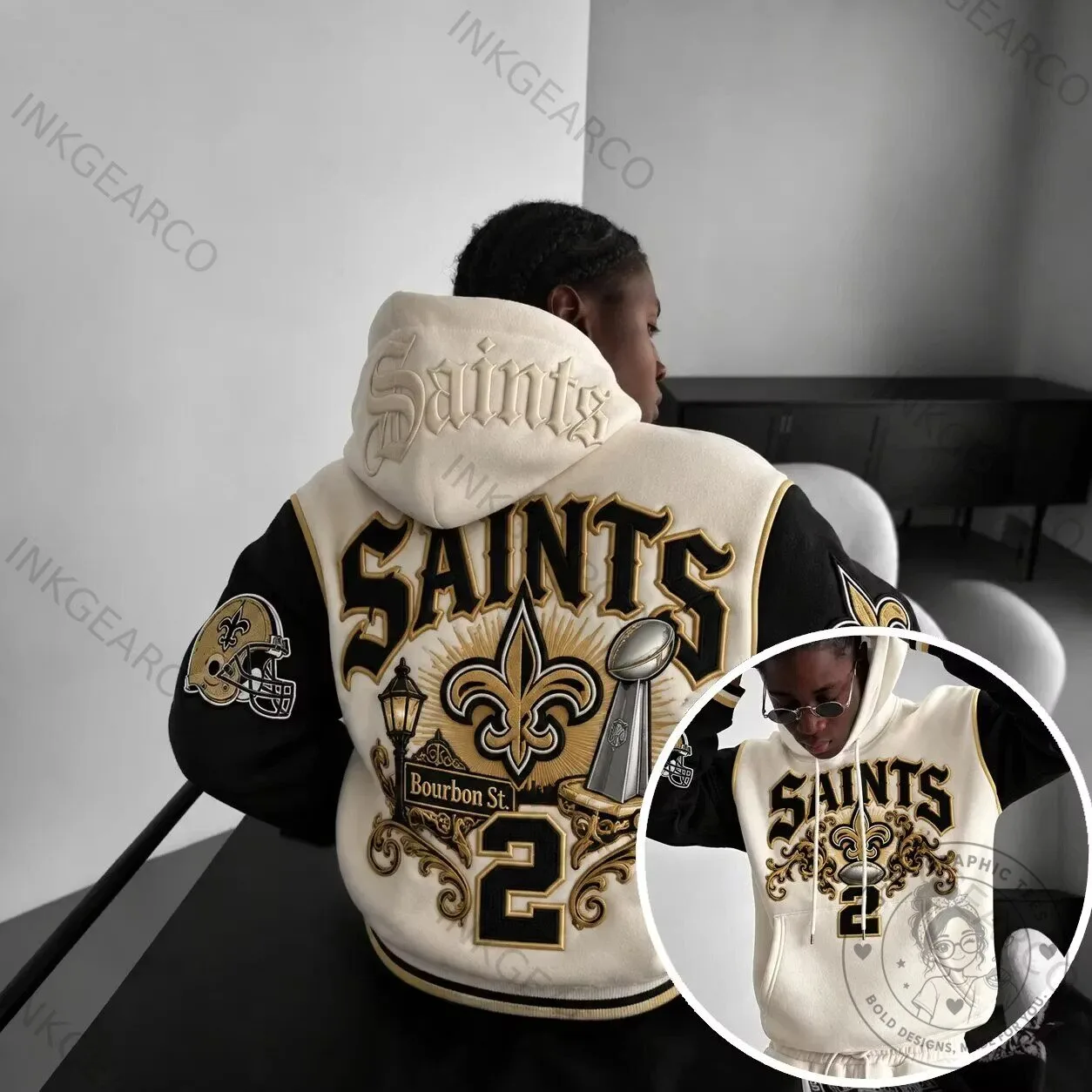 New Orleans Saints Football Team Black and White Varsity Hoodie Jacket