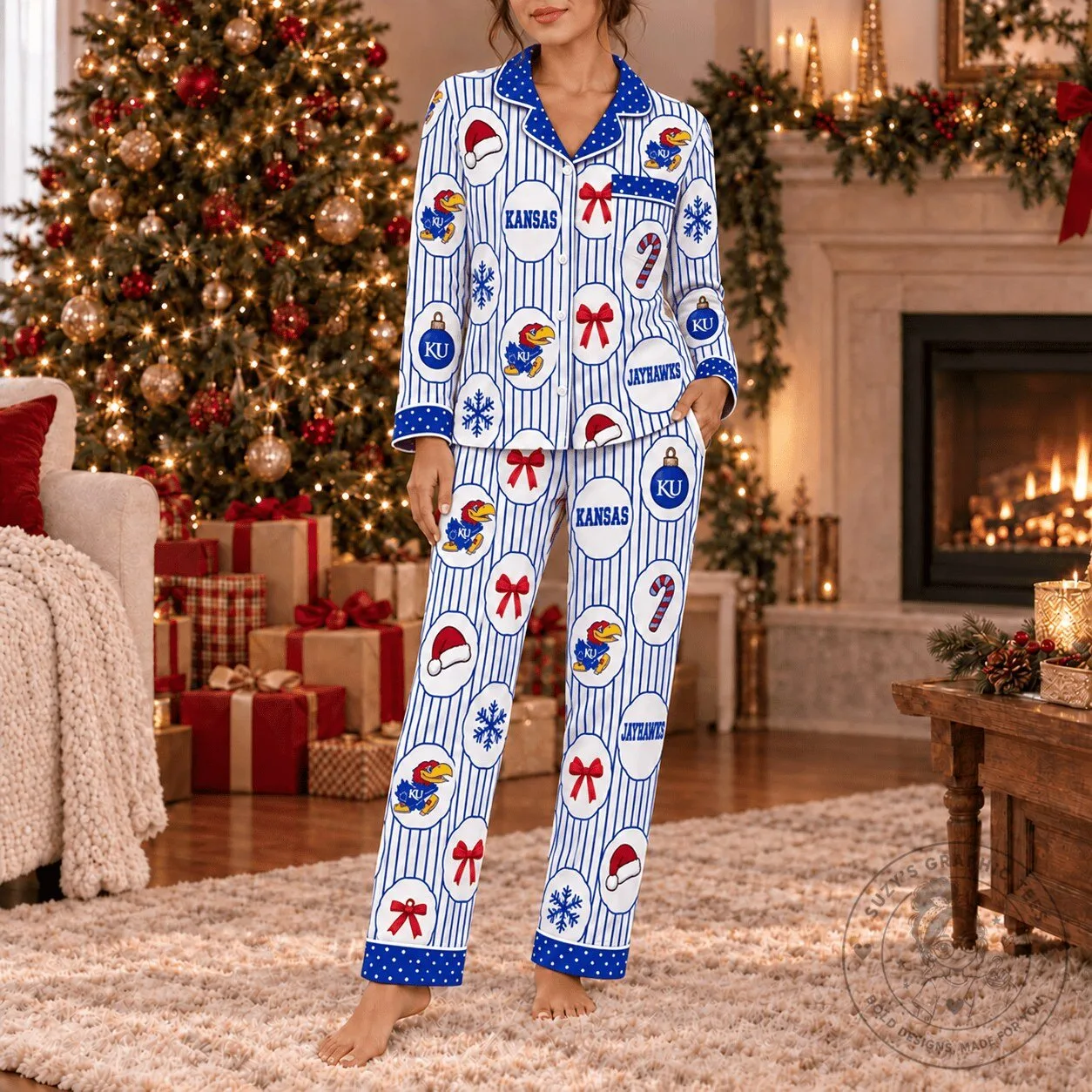 Kansas Jayhawks Christmas Holiday Pajamas Set