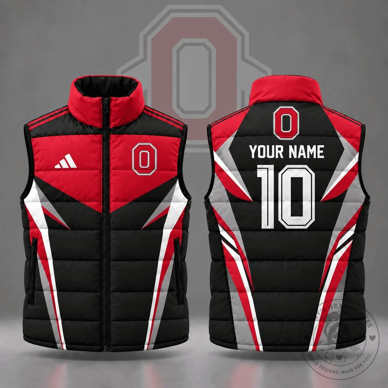 Ohio State Buckeyes Custom Name Number Geometric Colorblock Full Zip Puffer Vest