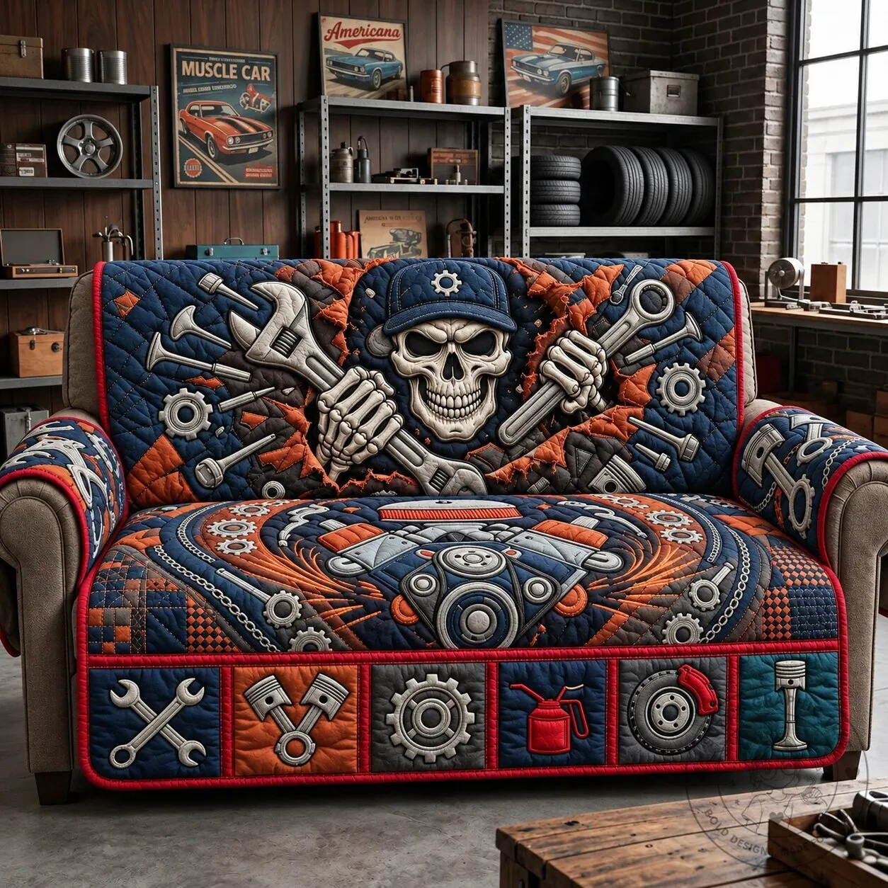 Mechanic Skull and Tools Quilted Sofa Cover