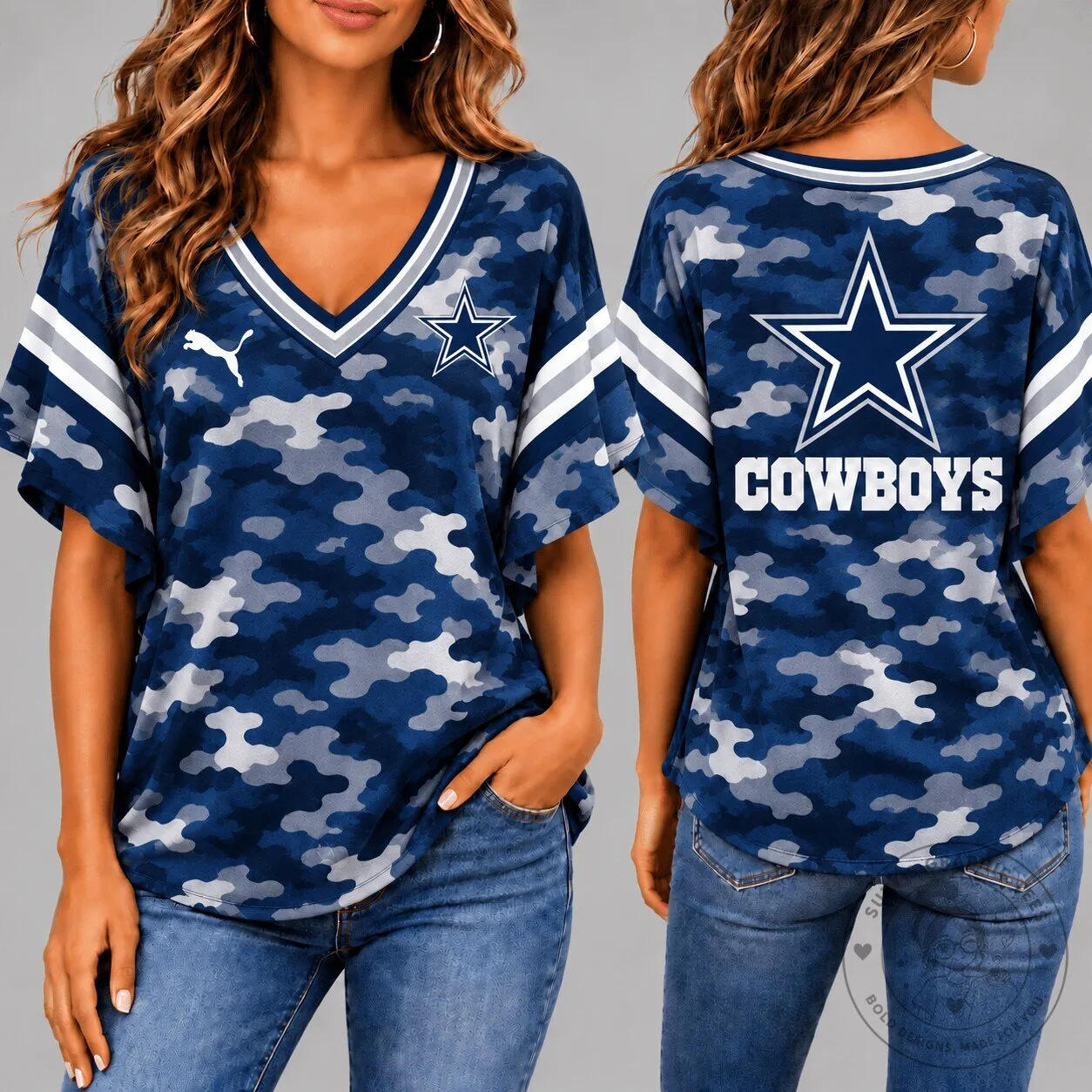 Dallas Cowboys NFL Team Camouflage Pattern Short Sleeve V-Neck T-Shirt