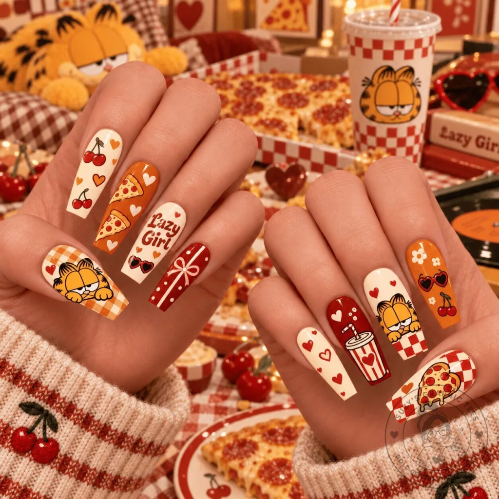 Garfield Lazy Girl Pizza and Cherry Cartoon Press-On Nails Set Garfield Lazy Girl Pizza and Cherry Cartoon Press-On Nails Set