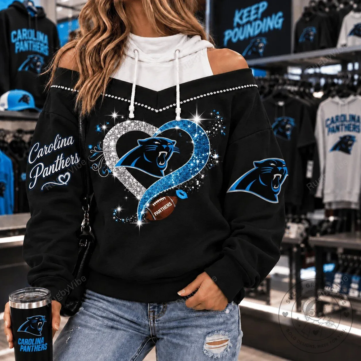 Carolina Panthers Football Heart Glitter Design Black Hoodie for Women