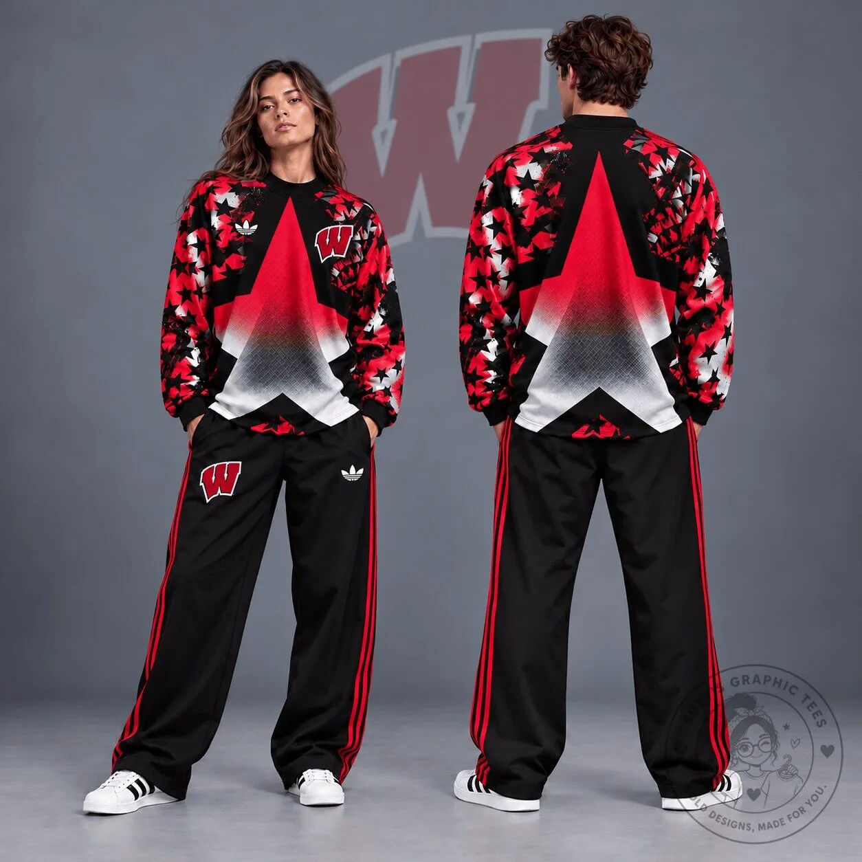 Wisconsin Badgers NCAA Starburst Athletic Crewneck Sweatshirt and Wide Leg Track Pants Set