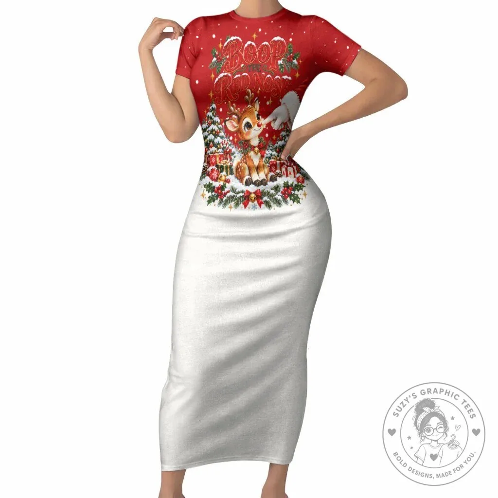 Cute Reindeer Boop Christmas Short Sleeve Bodycon Dress The Red Nose Festive Vintage Winter Snow