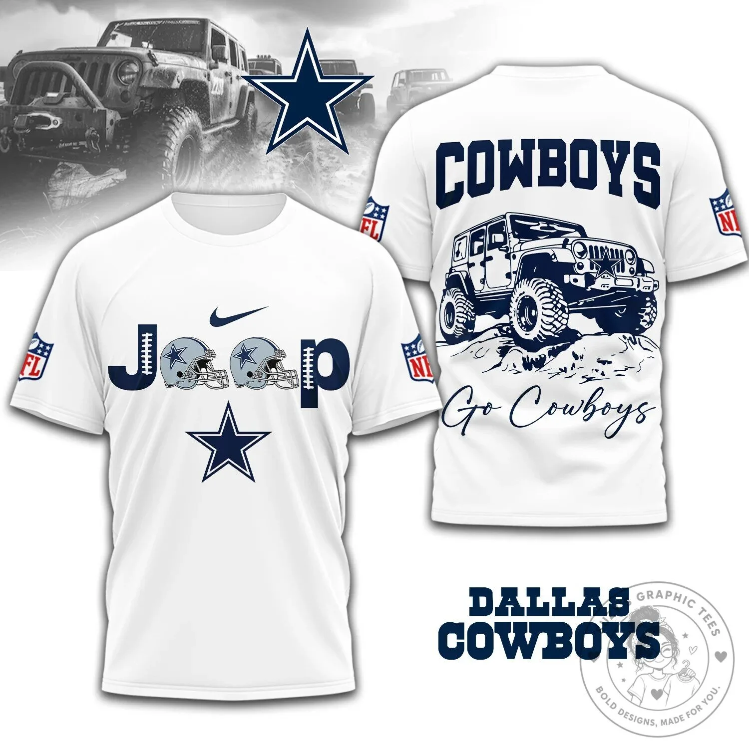 Dallas Cowboys Football Team Jeep Off-Road Vehicle Graphic White T-Shirt