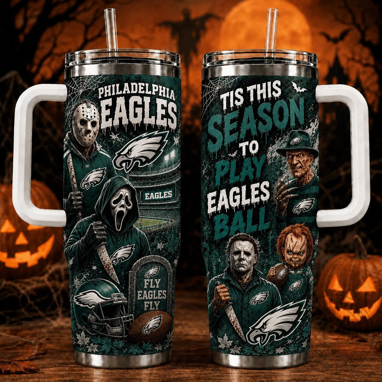 Philadelphia Eagles Halloween Horror Movie Characters Football Fan Tumbler