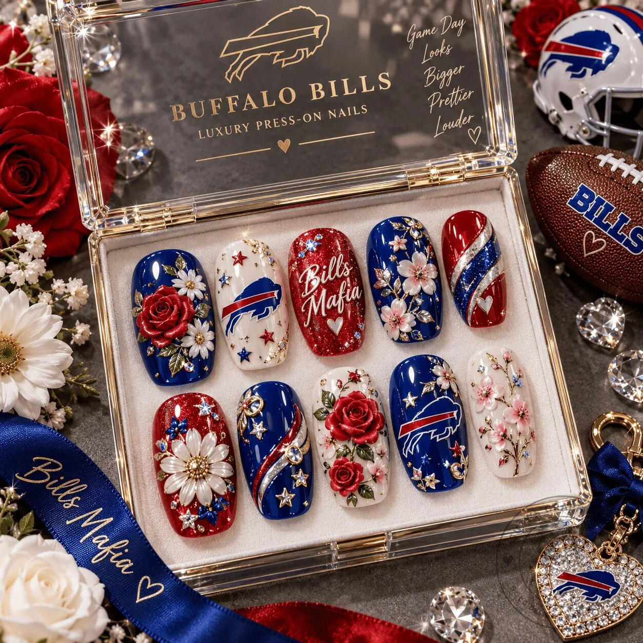 Buffalo Bills Football Glam Press-On Nails Set for Game Day