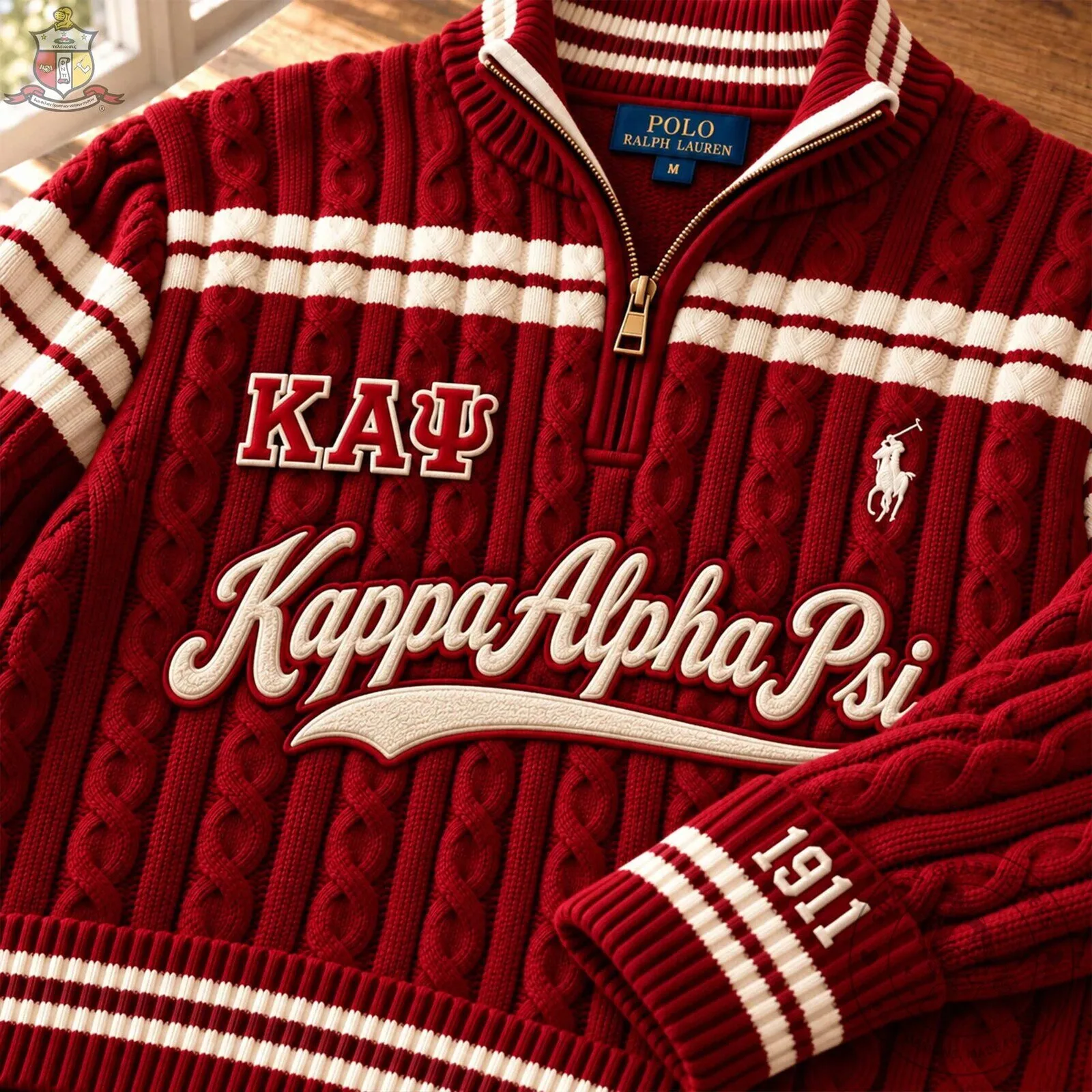 Kappa Alpha Psi Fraternity Red Cable Knit Quarter Zip Polo Sweater