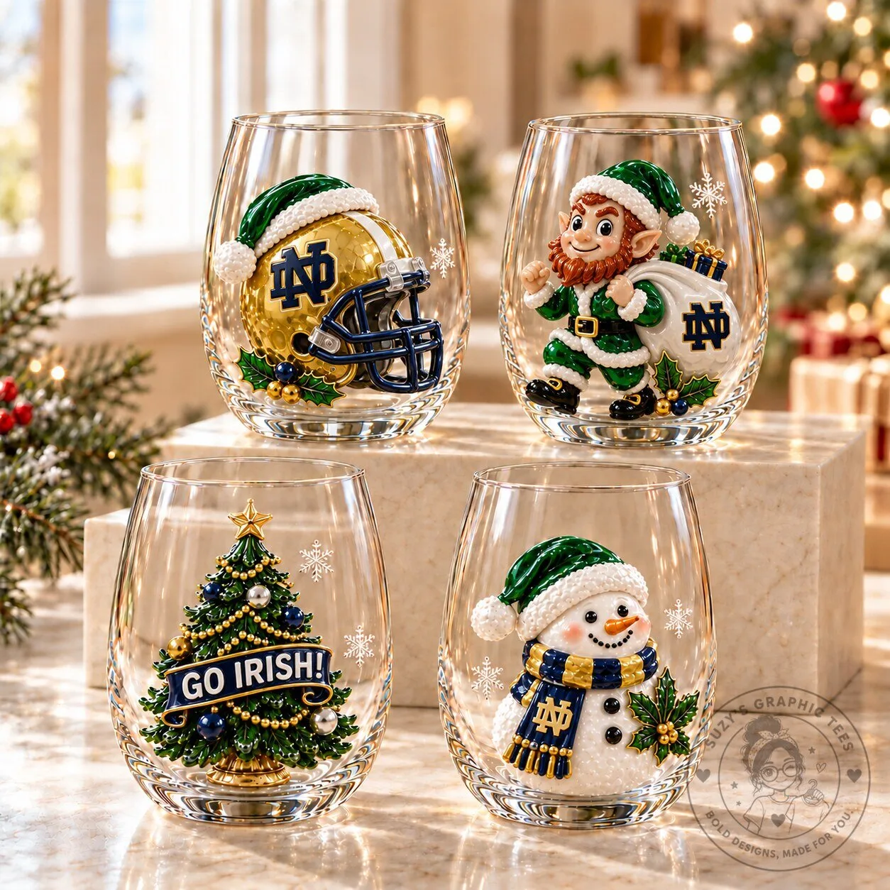 Notre Dame Fighting Irish Christmas Holiday Stemless Wine Glass Set